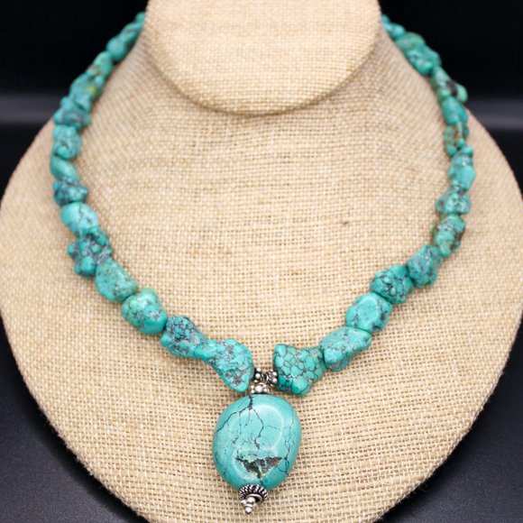 Turquoise Pendant Chunky Nugget Beaded Vintage Necklace Silver Clasp Findings - Picture 6 of 14